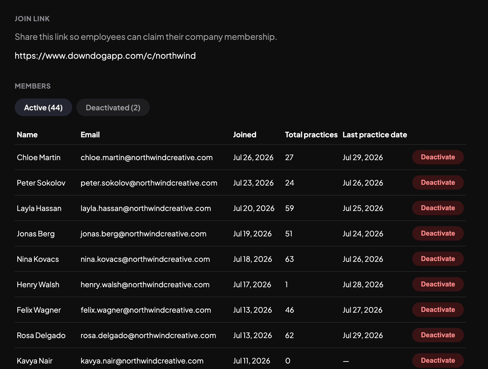 Admin dashboard members list with join link